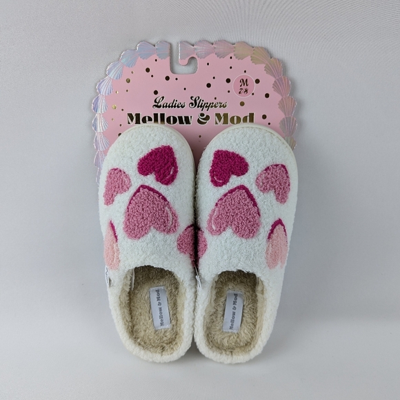 Hearts Slippers Sherpa Upper Fleece Memory Foam Slip On Ivory Pink M (7/8) NWT - Picture 2 of 12